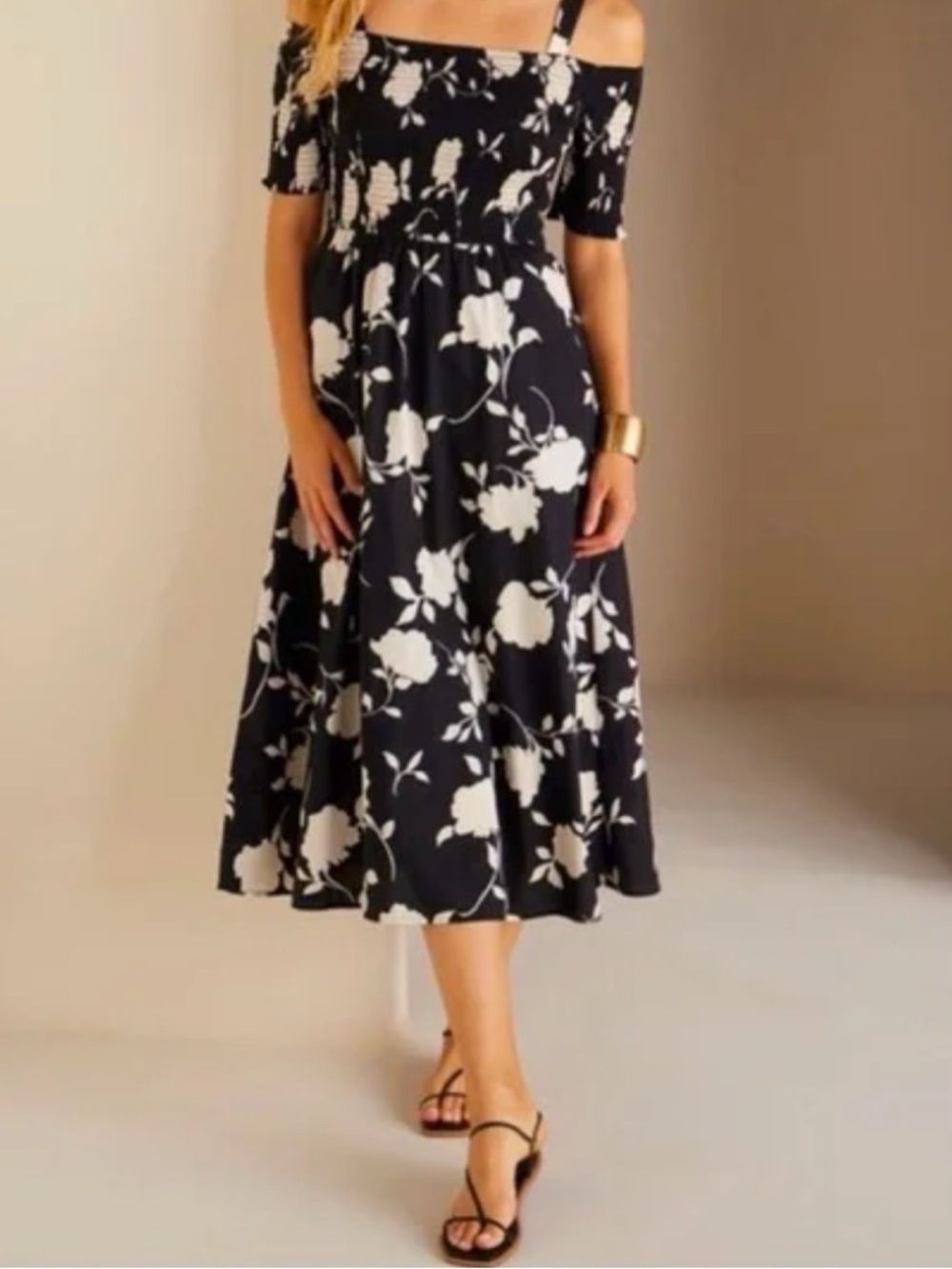 SOFT SURROUNDINGS Divani Floral Off the Shoulder Smocked Midi Dress Size Medium